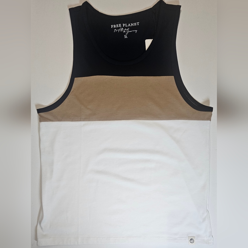 Free Planet Mens Tank Top XL Navy Tan White Colorblock Beach Vacation Top‎ NEW
